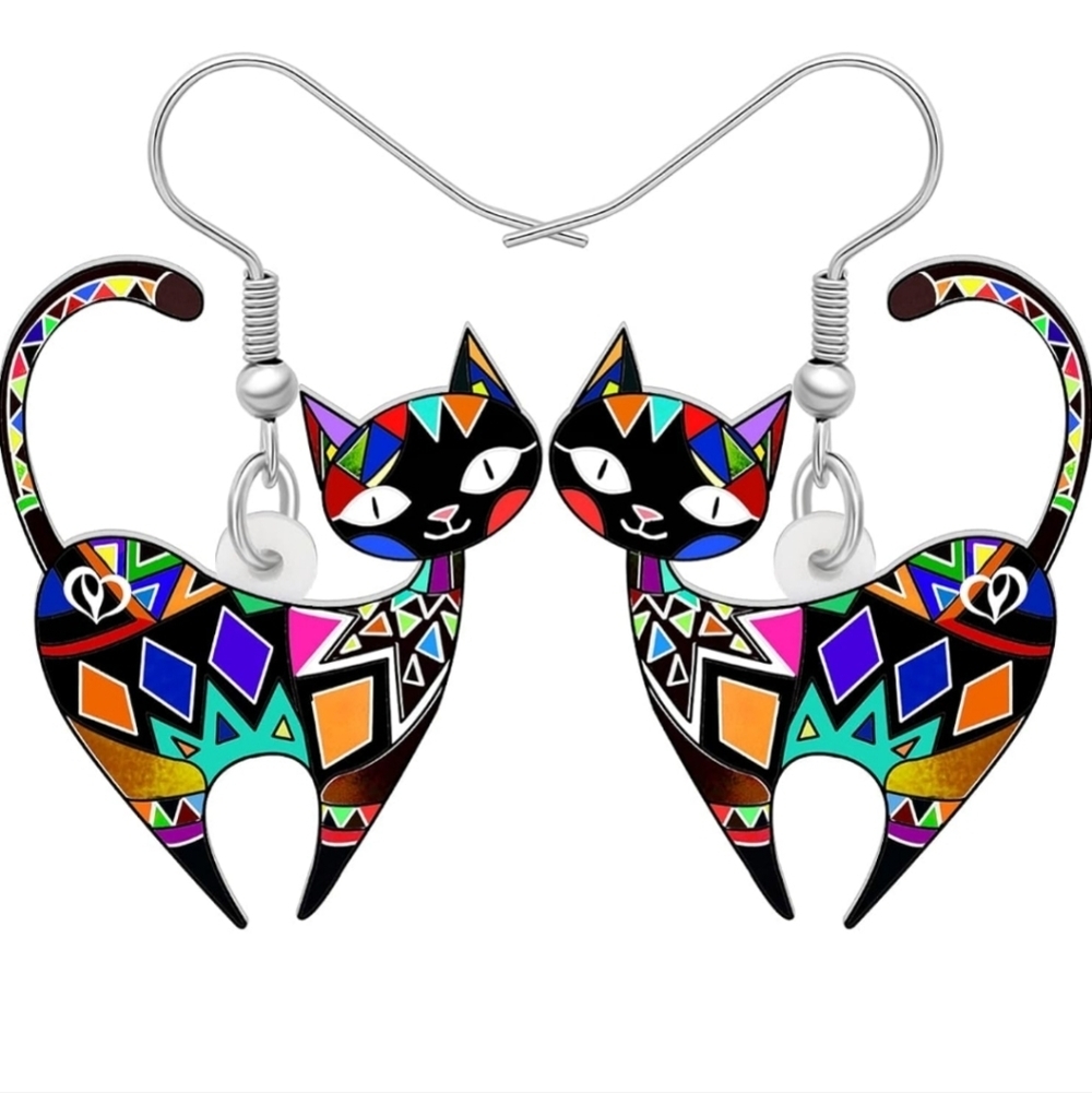 Women's jewelry unique multicolored designed cat dangle earrings!